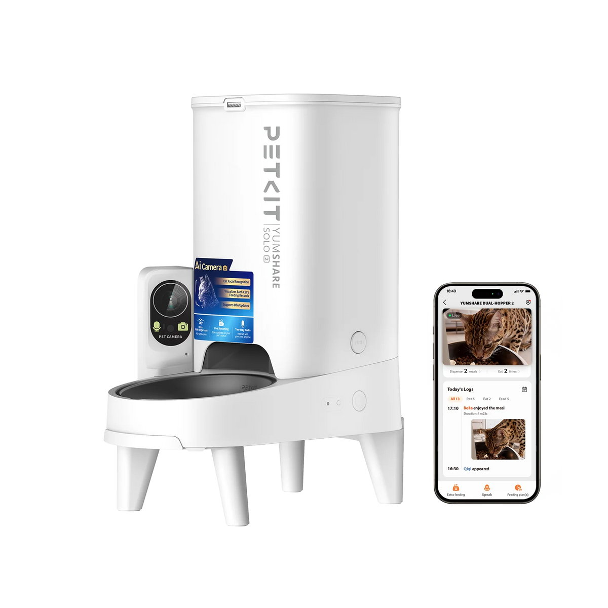 PETKIT YumShare Solo 2 на повдигната стойка до телефон с приложението
