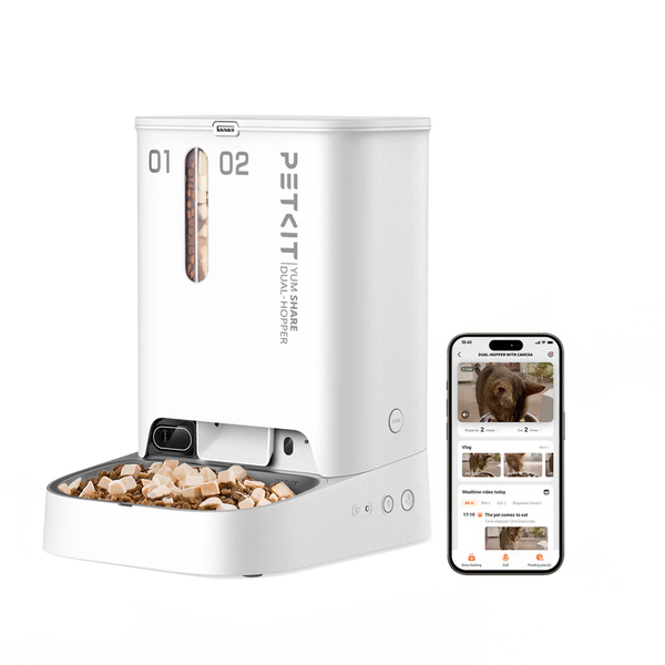 Автоматична хранилка PETKIT YumShare Dual Hopper с два контейнера 01 и 02 и приложението