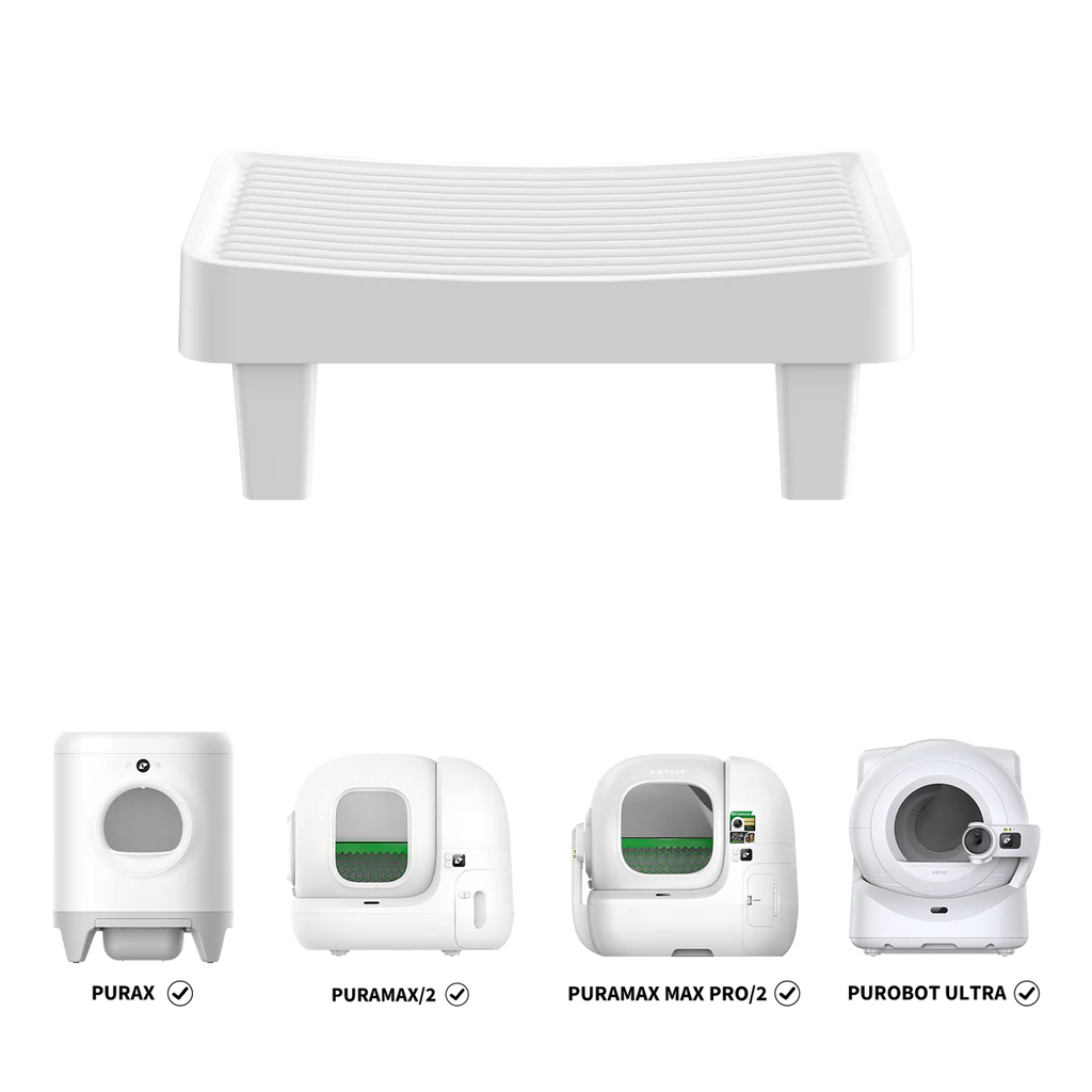 Бяло ергономично стъпало PETKIT и петте съвместими тоалетни Pura X, Pura Max, Purobot Max Pro и Purobot ULTRA