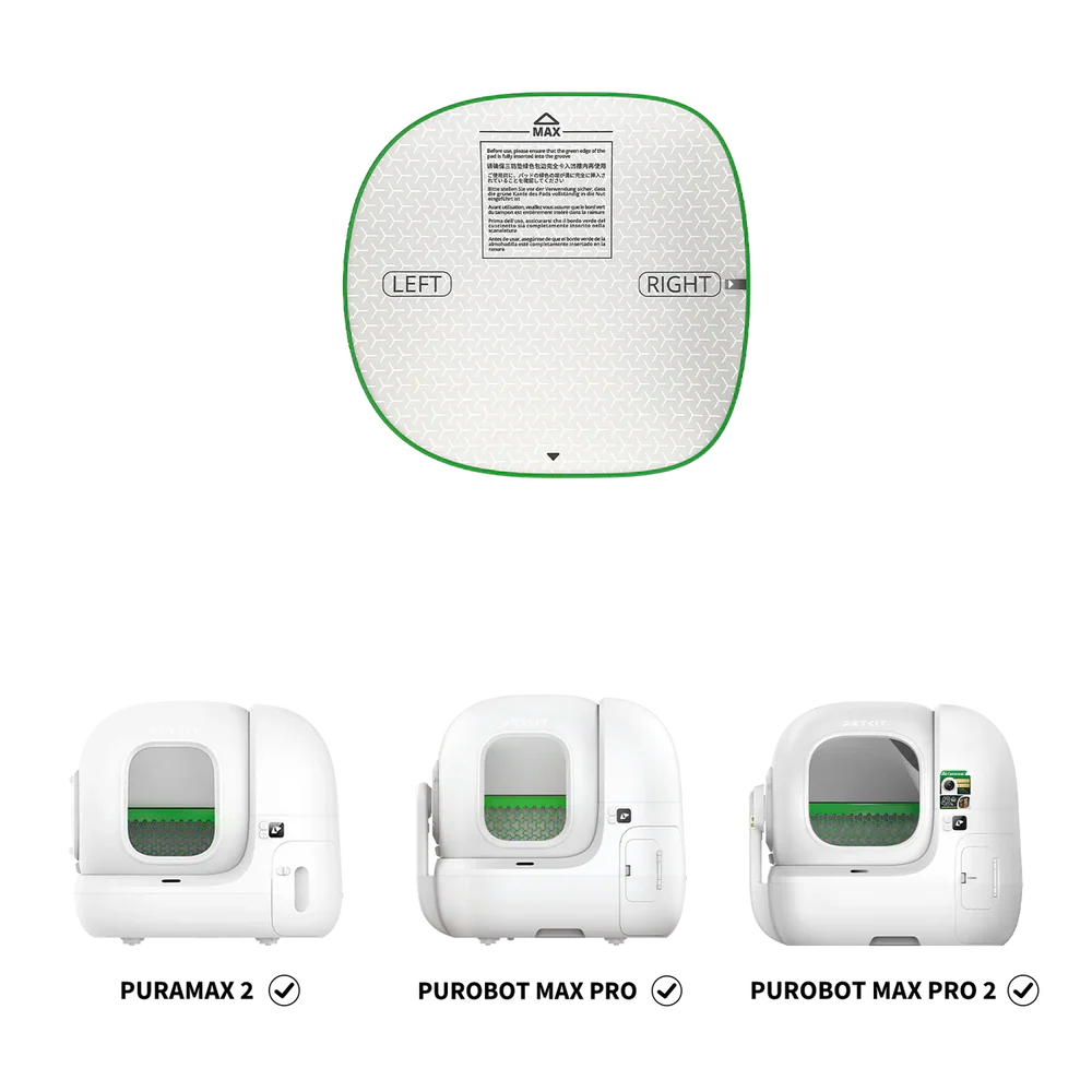 Подложка за барабан със зелен кант и трите съвместими тоалетни Pura Max 2, Purobot Max Pro и Max Pro 2