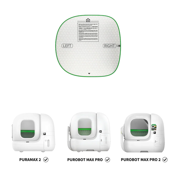 Подложка за барабан със зелен кант и трите съвместими тоалетни Pura Max 2, Purobot Max Pro и Max Pro 2