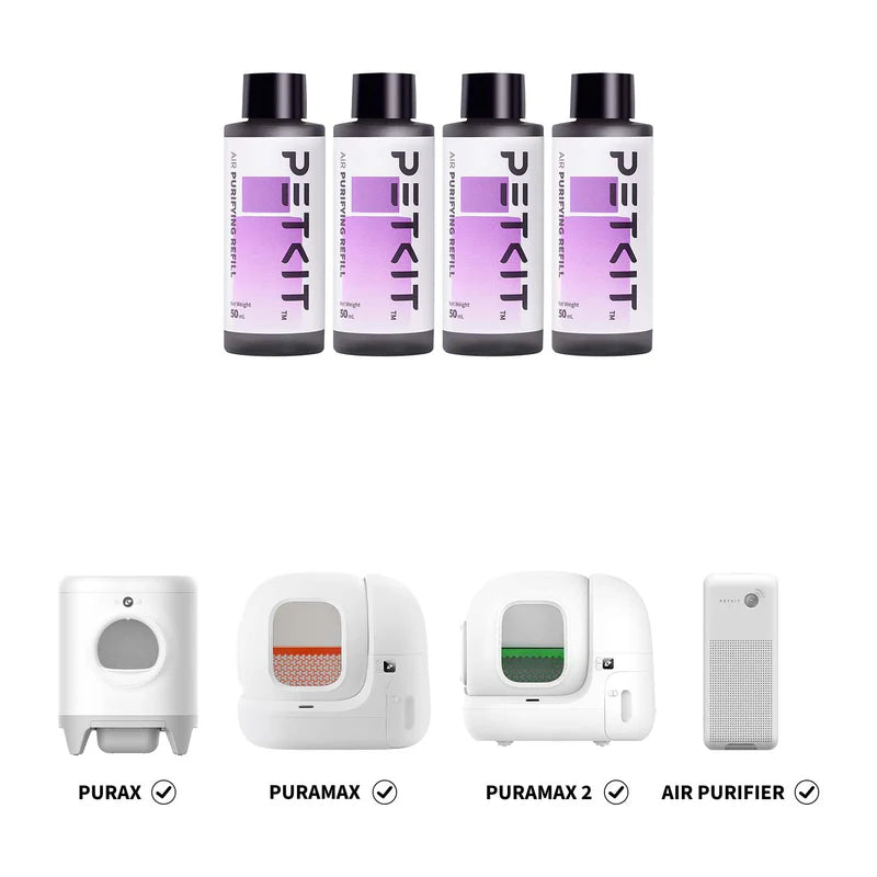Четири бутилки PETKIT Air Purifying Refill по 50 мл, със знаци за съвместимост с Pura X, Pura Max, Pura Max 2 и пречиствателя