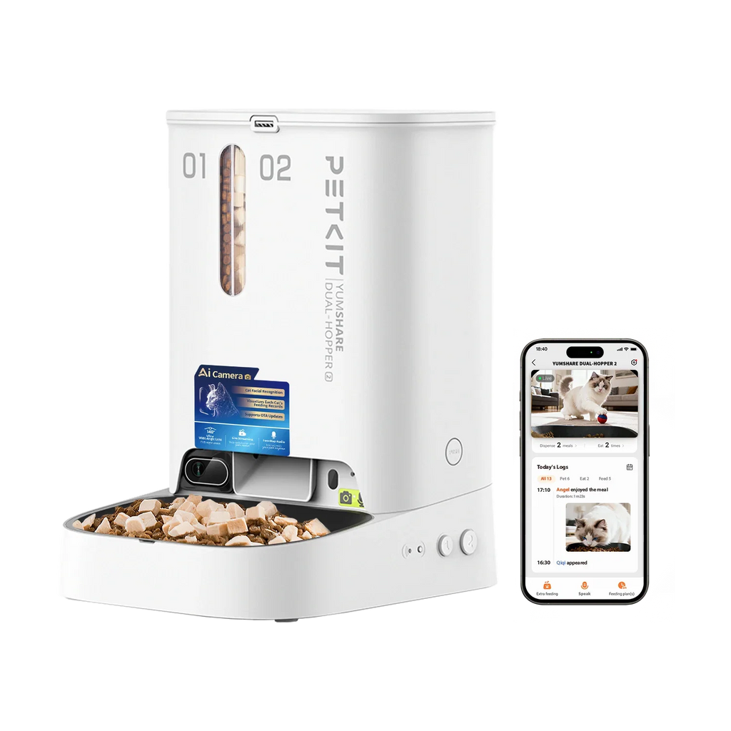 PETKIT YumShare Dual-Hopper 2 с контейнери 01 и 02 до телефон с приложението