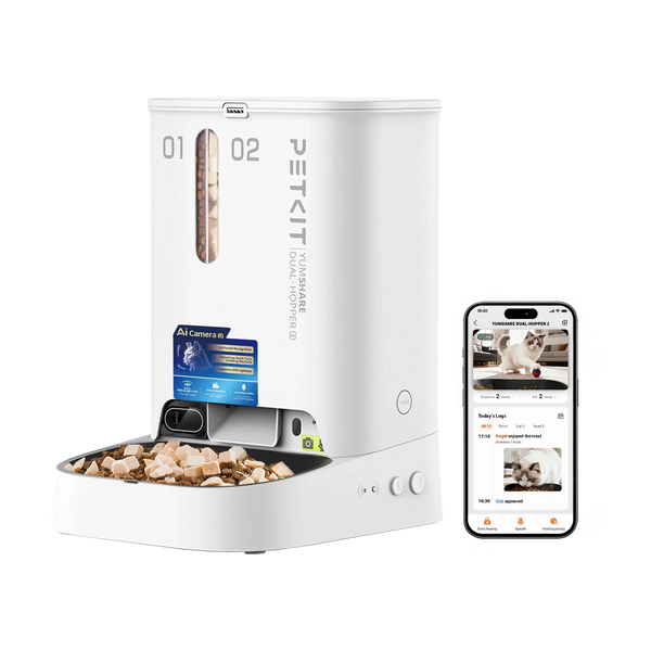 PETKIT YumShare Dual-Hopper 2 с контейнери 01 и 02 до телефон с приложението