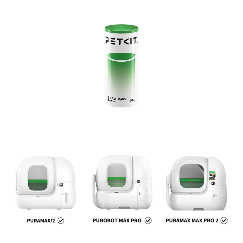 Опаковка PETKIT Trash Bags 20 броя и трите съвместими тоалетни Pura Max, Purobot Max Pro и Max Pro 2
