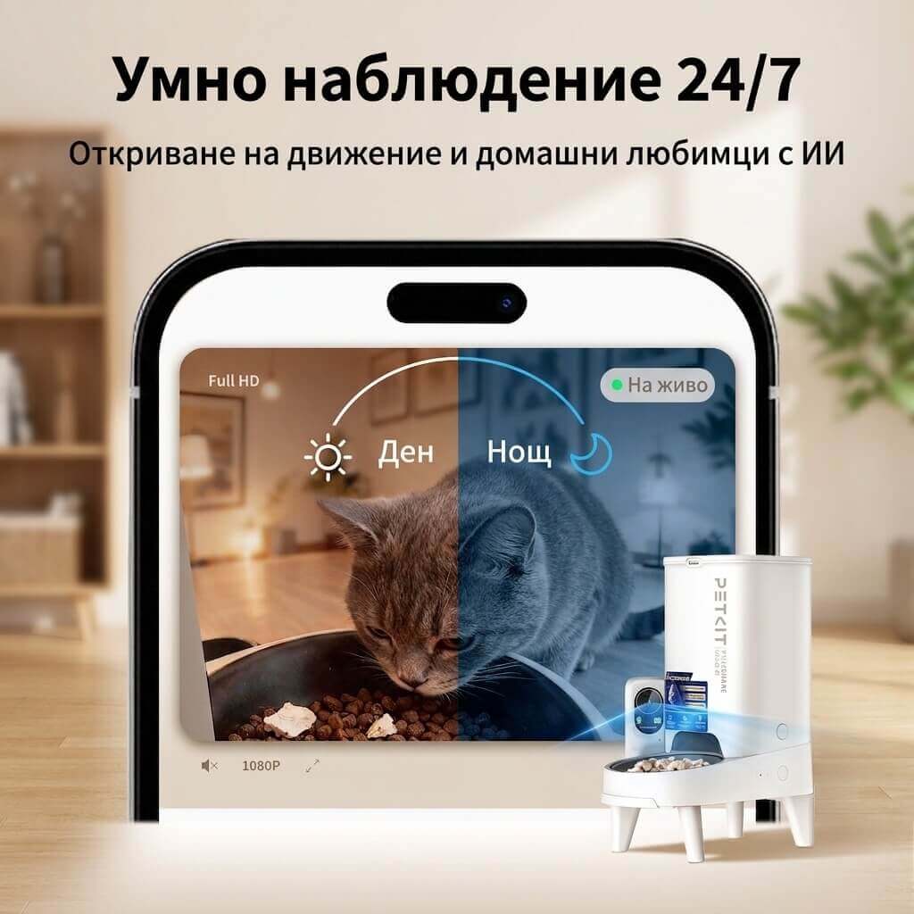 Живо видео в приложението — котка яде ден и нощ, Full HD с нощно виждане
