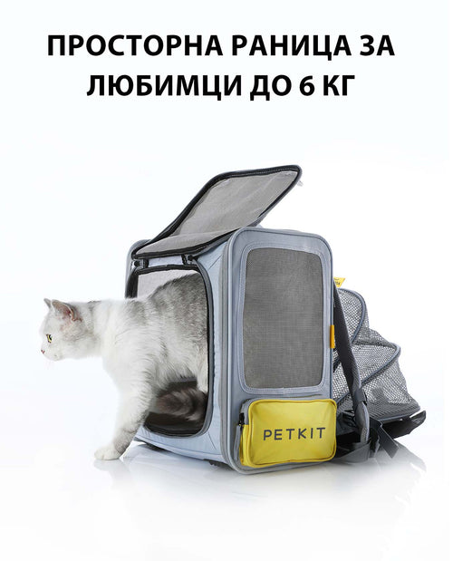 Сива котка излиза от разгънатата раница Breezy xZone — за любимци до 6 кг