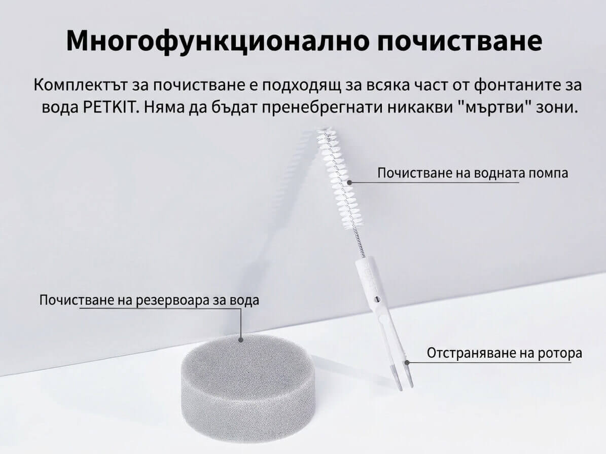 Четката почиства помпата, пинсетата изважда ротора, гъбата почиства резервоара
