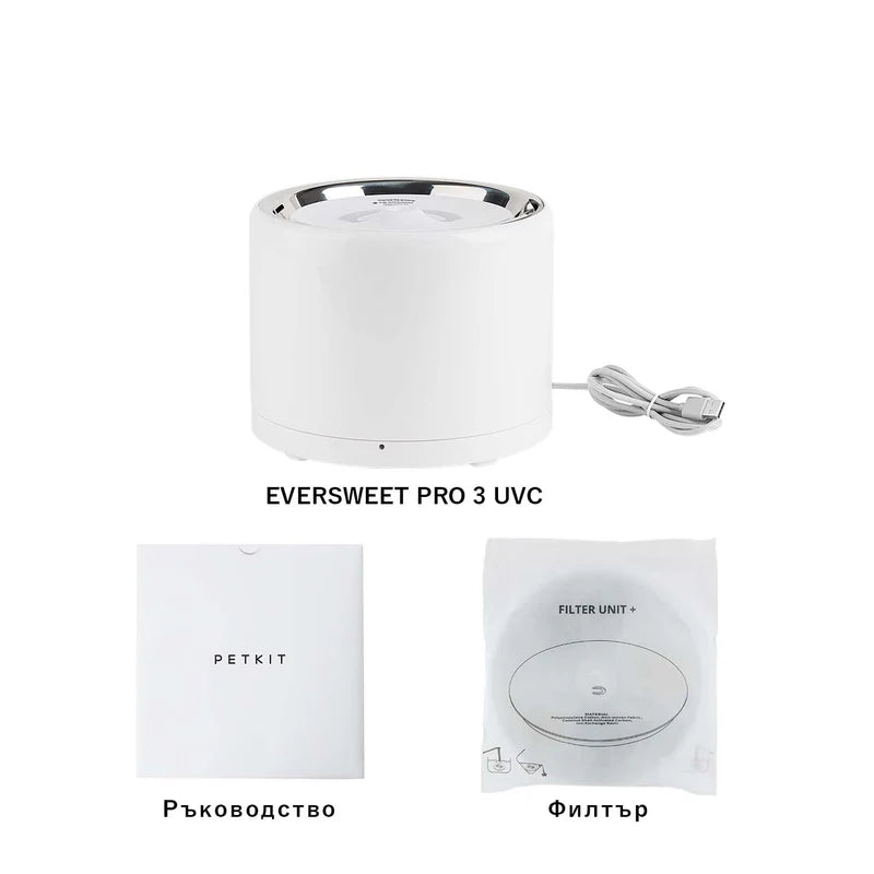 Съдържание на комплекта – поилка, USB кабел, филтър и ръководство