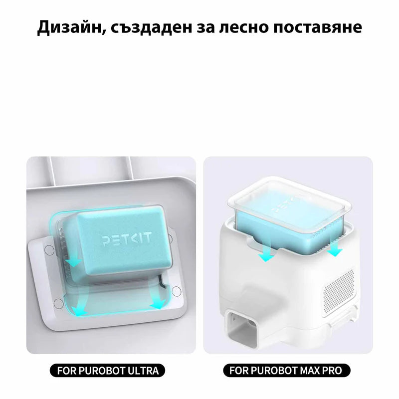 Поставяне на касетката N60 — хоризонтално при Purobot ULTRA и отгоре при Purobot Max Pro