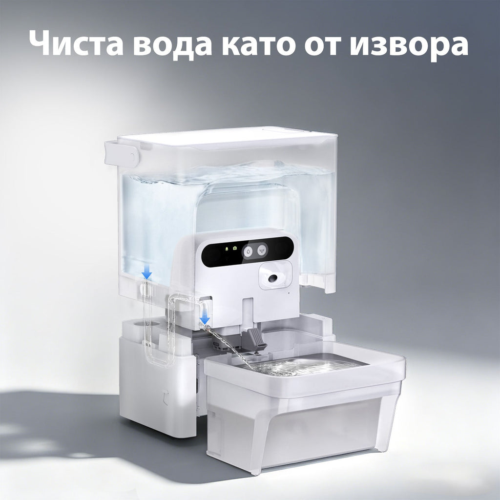 Прозрачен резервоар с 5 л вода — чистата вода тече към тавичката, без да се връща