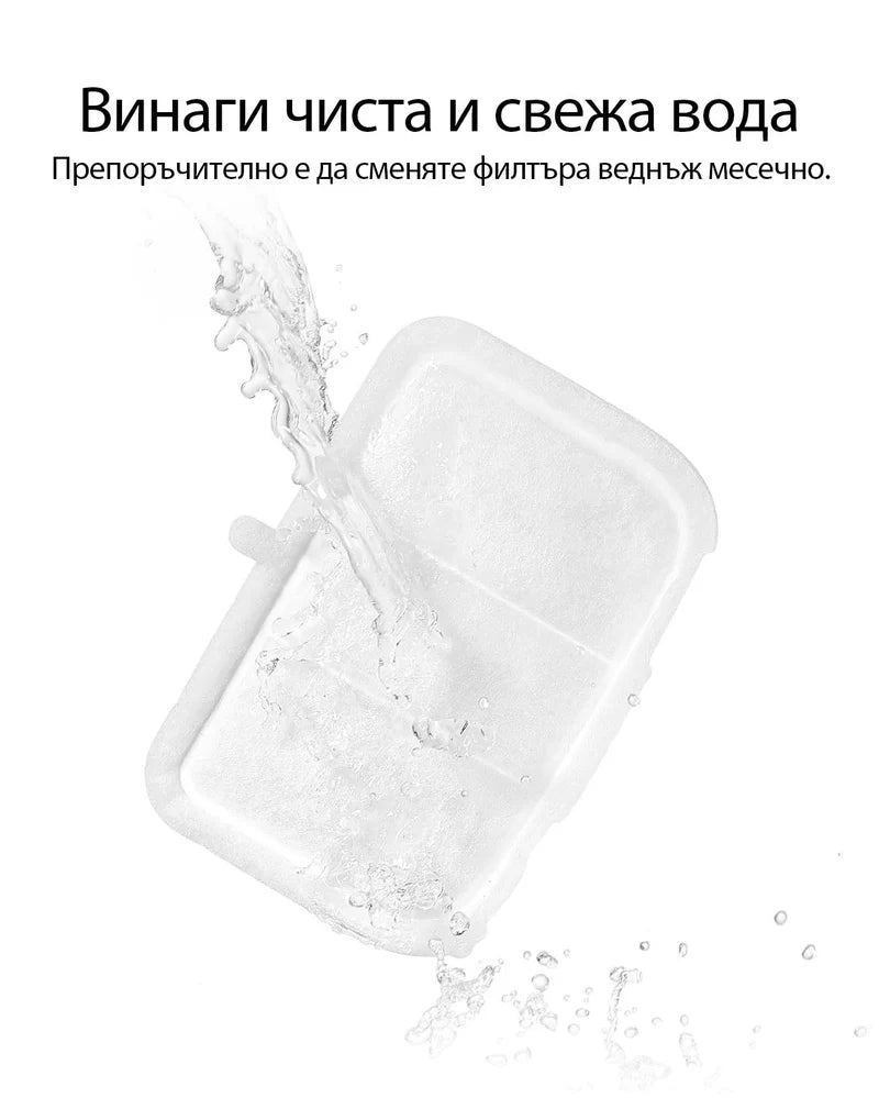 Струя вода върху правоъгълен филтър PETKIT — смяна веднъж месечно