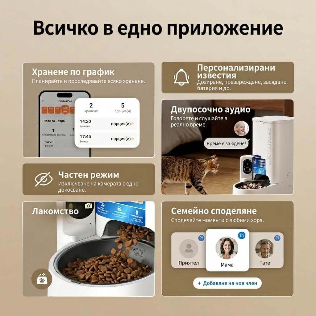 Приложението — график, известия, двупосочно аудио, частен режим, лакомство и семейно споделяне