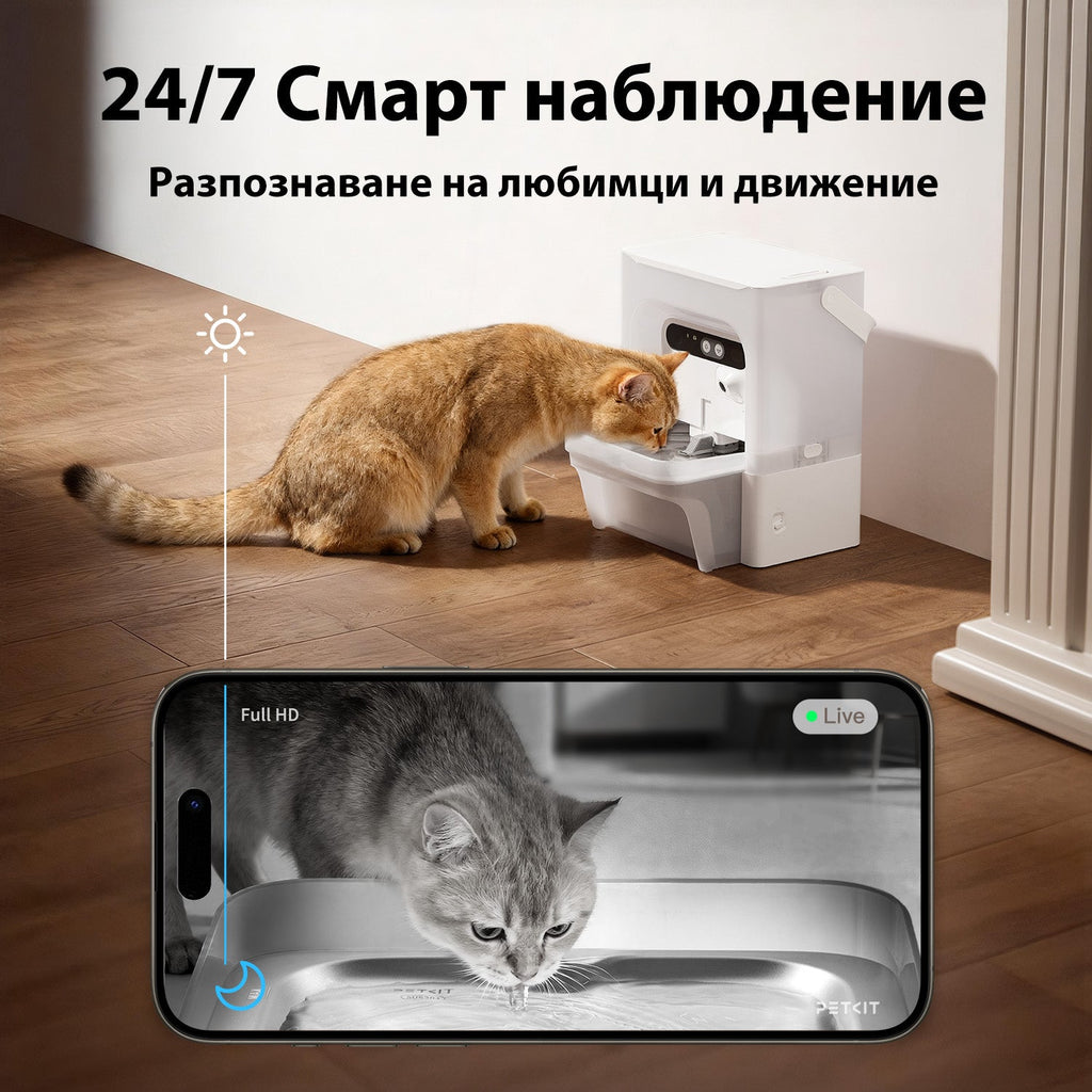 Котка пие от Eversweet Ultra, а камерата предава Full HD видео на живо към телефона
