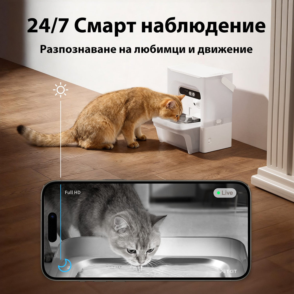 Котка пие от Eversweet Ultra, а камерата предава Full HD видео на живо към телефона