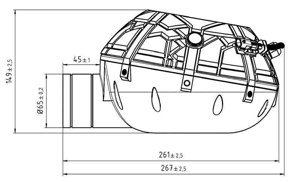 Чертеж на Deep Speaker отстрани с размери 267 мм дължина и изход Ø65 мм